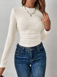 SHEIN Essnce 女士休闲纯色腰部褶饰修身长袖 Schiffy T 恤 - 米色 - 查看 3