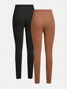 SHEIN 2pcs Teen Girl Solid Color Ribbed Knit Leggings - Brown - View 2