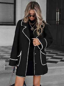 EMERY ROSE Áo khoác lông cừu giả túi gấu thời trang Pháp đa năng có cổ xéo màu khối - màu đen - Xem 1