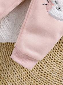 SHEIN 3pcs Baby Girl Cute Pink Cat Pattern Warm Fleece Hooded Jacket & Pants Set, Autumn/Winter