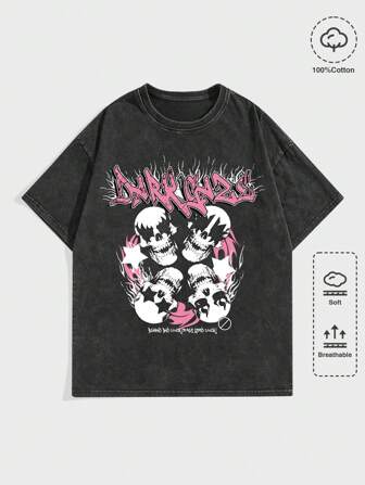 Grunge Punk Camiseta con gráfico de calavera y letra Y2k para hombre, escuela