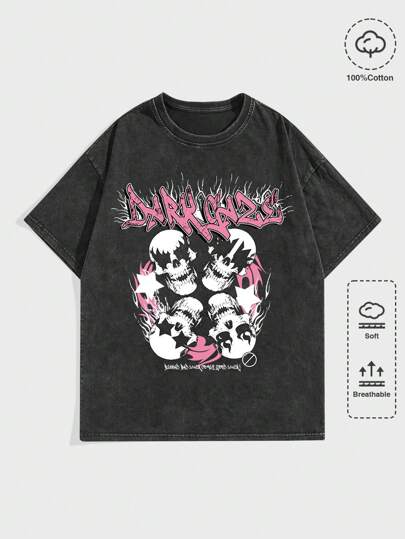Grunge Punk Herren T-Shirt mit Schädel- und Buchstaben Grafik, Y2K-Stil, Schule