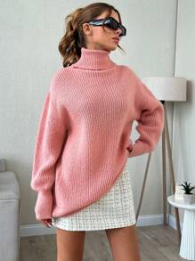 SHEIN Cottnline Suéter holgado de mujer con cuello alto y hombros caídos de tacto suave - Rosa vieja - Ver 3