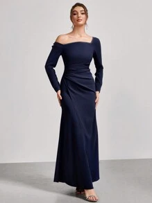Coutiva 1 pieza Vestido largo de fiesta con mangas largas, cuello asimétrico y fruncido, Vestido elegante para banquete, fiesta de Año Nuevo, evento social, invitado de boda, vestido formal, vestido de noche