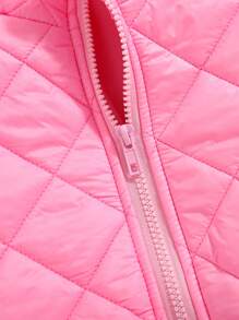 SHEIN Young Girls Diamond Pattern Padded Stand Collar Mid-Length Black Padded Coat, Warm And Comfortable, Autumn/Winter - Pink - View 4