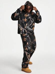 Manfinity VCAY 男士宽松数码印花长袖运动衫套装，适合秋冬 - 黑色 - 查看 3