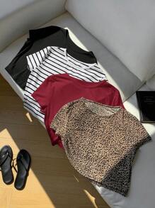 Comfortcana 4pcs/Pack Women Solid & Leopard Striped T-Shirt, Summer Fall Top - Multicolor - View 4