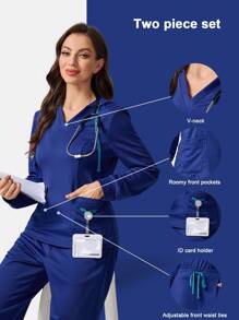 TaskEZ Solid Color Hooded Top And Pants Scrub Uniform Set
