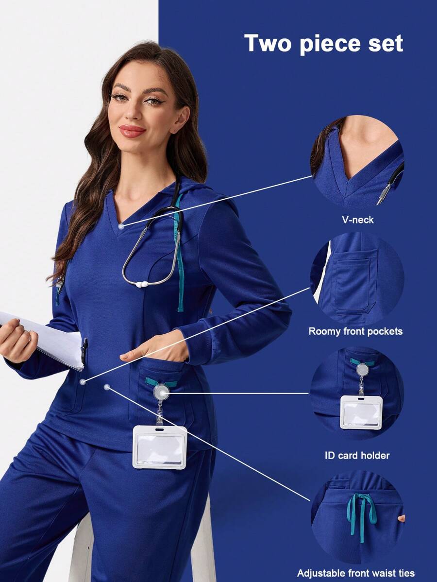 TaskEZ Solid Color Hooded Top And Pants Scrub Uniform Set