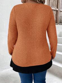 EMERY ROSE Women Plus Size Casual Contrast Color Button Detail Pullover Top, Autumn