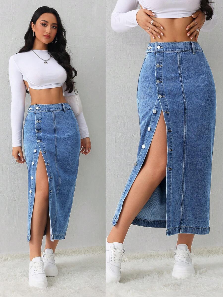 SHEIN Tall Women's Denim Skirt Casual Loose Side Slit Blue Midi Skirt Tall Women's Skirt Light Blue Skirt Blue Skirt Winter Women Clothes - Medium Wash - View 1