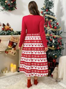 SHEIN Essnce 大码女式秋冬时尚休闲舒适腰部 A 字红色长袖 V 领圣诞长裙、圣诞服装、曲线裙、雪花和麋鹿印花圣诞老人裙、圣诞派对裙、节日服装、节日裙、曲线 - 紅色 - 查看 2