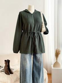 SHEIN Frenchy Plus Size Women Solid Color Long Sleeve Zipper Hooded Drawstring Waist Casual Jacket, Autumn/Winter