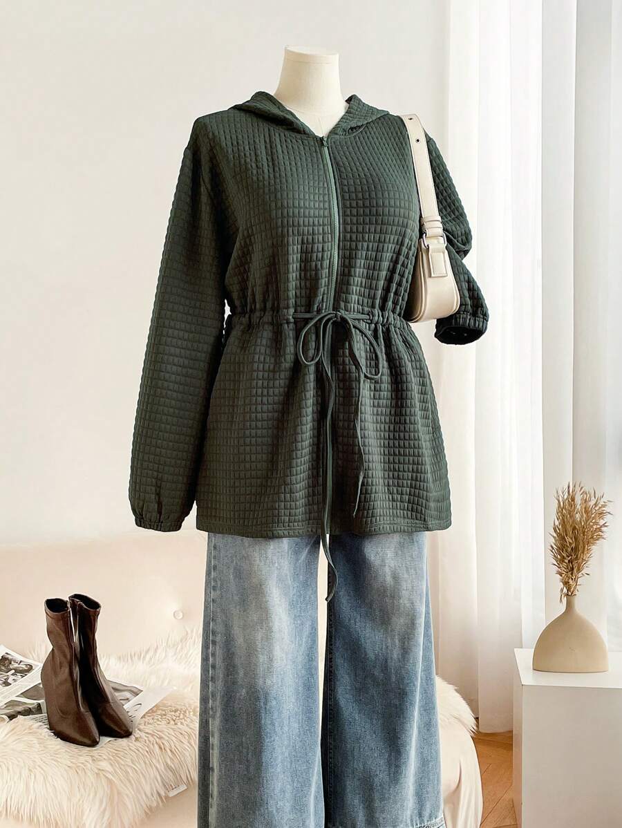 SHEIN Frenchy Plus Size Women Solid Color Long Sleeve Zipper Hooded Drawstring Waist Casual Jacket, Autumn/Winter