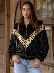 LanaWest Women Casual Fluffy Leopard Splice Zipper Front Jacket, For Autumn Fall Cloth For Women - Black - View 6