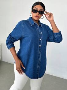 SHEIN Essnce Áo khoác denim cỡ lớn, kiểu áo sơ mi dài tay rộng rãi, màu xanh - Màu xanh lam - Xem 7
