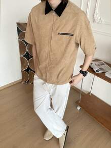 Manfinity VCAY Men's Woven Fashionable Casual Young Zip-Up Long Sleeve Shirt