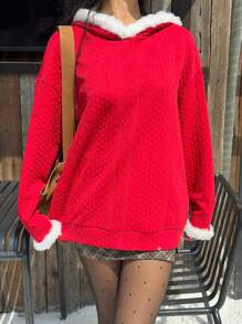 SHEIN EZwear Women's Christmas Red Fuzzy Trim Textured Sweatshirt