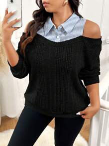 SHEIN Frenchy Áo nỉ hở vai kẻ sọc thường ngày cỡ lớn - màu đen - Xem 1