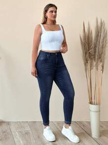 SHEIN Cottnline WOMEN PLUS SIZE SKINNY HIGH WAIST JEANS - Dark Wash - View 7