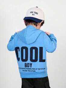 SHEIN Leap Crew 男童休闲舒适纯色英式印花套头连帽衫，百搭