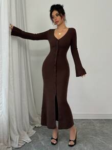 Selianne 女式前扣喇叭袖开衩至大腿毛衣连衣裙 - 棕色 - 查看 3