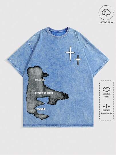 Street Life تي-شيرت بياقة مستديرة وأكمام قصيرة مطبوع عليه تصميم بلورة الثلج مهترئ من الشارع الرئيسي للرجال، مناسب للارتداء اليومي والكاجوال في الربيع والصيف، المدرسة