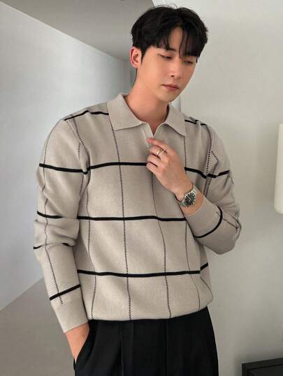 DAZY 男士休闲翻领长袖格子针织衫，秋季商务装