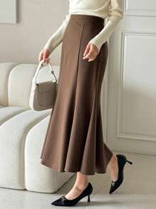 DAZY 1pc Women Solid Color Fishtail Hem Skirt, Elegant - Brown - View 4