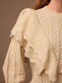 MOTF PREMIUM SOLID LAYERED RUFFLE TRIM CABLE KNIT SWEATER - Apricot - View 3