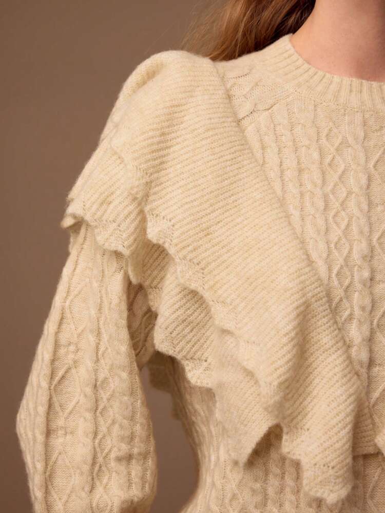 SOLID LAYERED RUFFLE TRIM CABLE KNIT SWEATER
