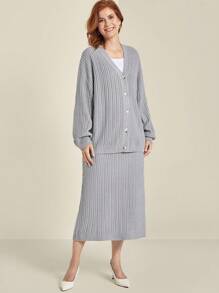 EMERY ROSE Plus Size Solid Color Button-Front Long Sleeve Sweater & Skirt Casual Set