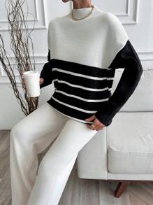 RueChic Woman High Neck Striped Sweater And Pants Co-Ords Winter Two Piece Outfits