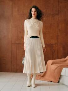 MOTF PREMIUM 羊毛纯色立领纹理针织毛衣 - 杏色 - 查看 5