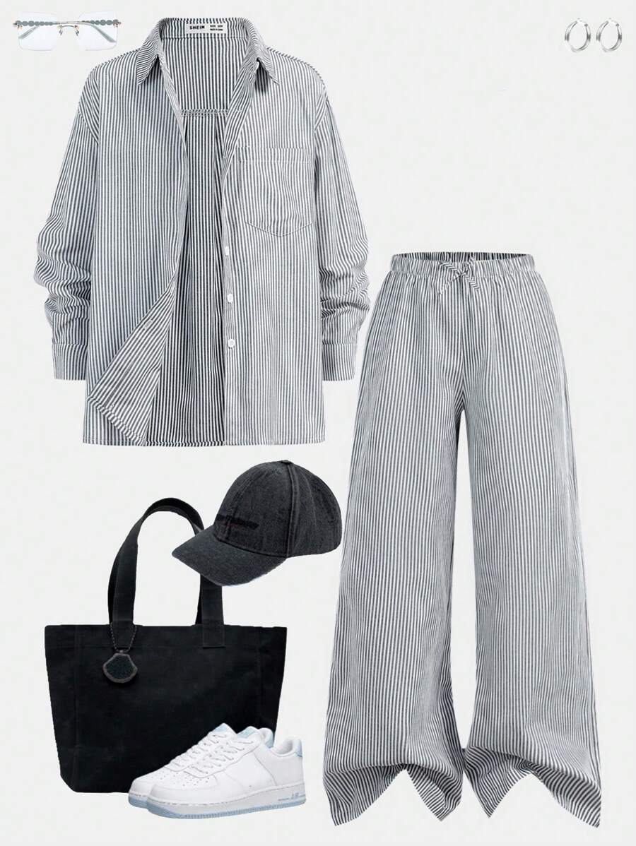 Conjunto de 2 piezas para niñas preadolescentes, camisa de manga larga con cuello y pantalón largo a rayas, de corte holgado y cómodo