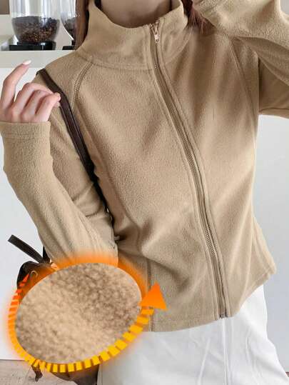 DAZY Women's Solid Color Stand Collar Tight-Fitting Long Sleeve Zip-Up Jacket,Fall Women Clothes,Fleece Lined