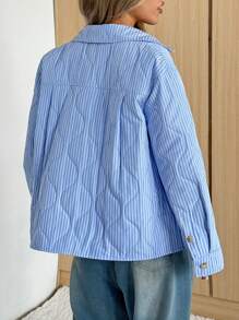 SHEIN EZwear 女士条纹长袖单排扣休闲宽松夹克，冬季 - 藍色 - 查看 2