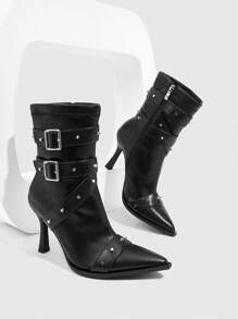 CUCCOO GRLICON Sexy Fashion Belted Point Toe High Heel Casual Versatile Side Zipper Boots New Year Holiday - Black - View 5