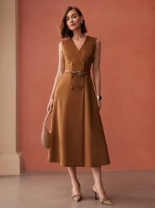 MOTF PREMIUM VESTIDO DE TIRANTES AJUSTADO A LA CINTURA DE DOBLE BOTONADURA