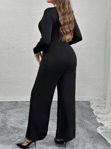SHEIN Privé Plus Size Cut-Out Metal Floral & Rose Long Sleeve Jumpsuit - Black - View 2