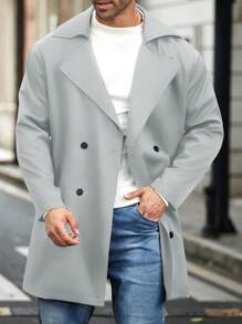 Manfinity Homme 大码男士休闲纯色双排扣风衣，秋季 - 淺灰色 - 查看 3