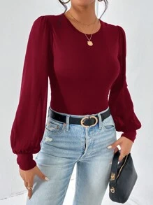 SHEIN Essnce 1 件女式纯色圆领灯笼袖休闲时尚紧身衣 - 酒紅色 - 查看 5