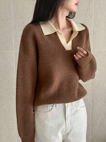 DAZY 1 pieza Jersey casual de mujer con bloqueo de color, hombro caído y manga larga, para otoño/invierno