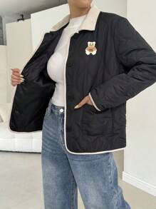 SHEIN Essnce 女式夹棉大衣，带熊刺绣、拼色和立领，适合秋冬季，女士冬装 - 黑色 - 查看 7