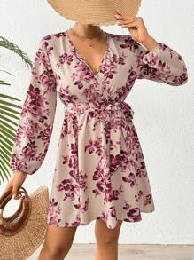 Breezaya Đầm mini thanh lịch cổ chữ V rộng rãi, tay dài, thắt eo, in họa tiết hoa hồng, thích hợp cho mùa xuân và mùa thu - Màu be - Xem 4