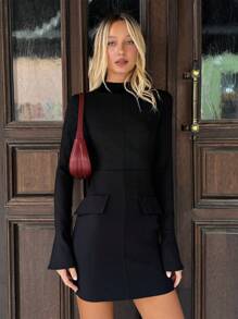 SHEIN EZwear Women Elegant Solid Color Stand Collar Mini Dress, Autumn