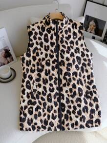 SHEIN Clasi Women Leopard Print Stand Collar Pocketed Quilted Zip-Up Vest, Winter Women Coat - Multicolor - View 1
