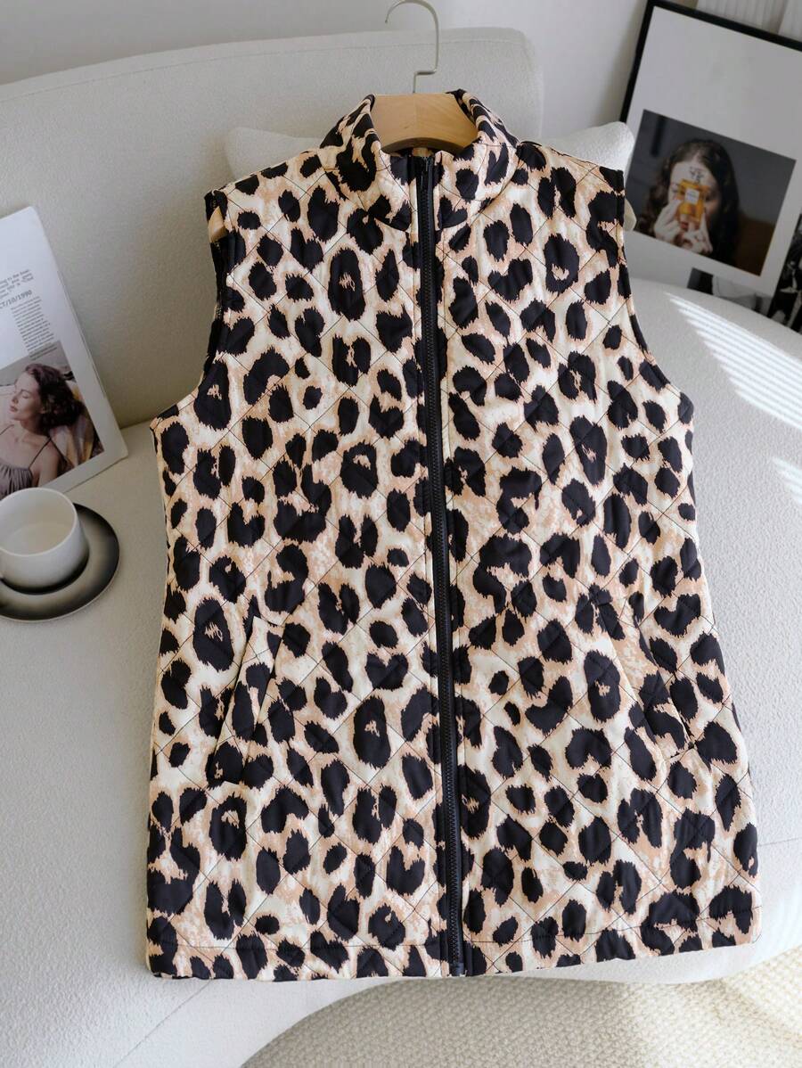 SHEIN Clasi Women Leopard Print Stand Collar Pocketed Quilted Zip-Up Vest, Winter Women Coat - Multicolor - View 1