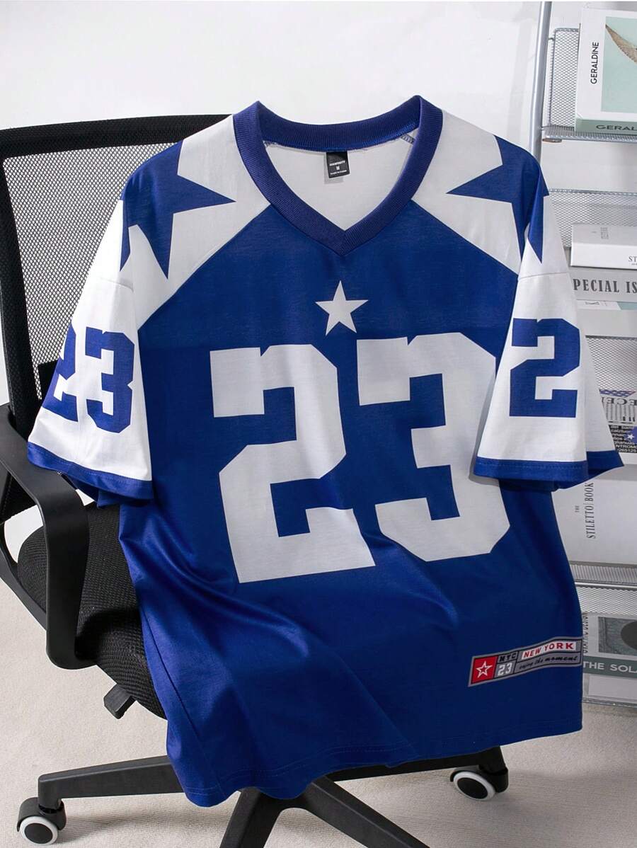 Manfinity Campus Court Men Jersey Shirt Casual Contrast Color Splicing Numeral Graphic Print Short Sleeve Athletic T-Shirt, For Going Out, For Friends