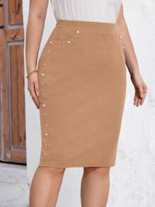 SHEIN Clasi Váy chữ A thường ngày trang trí ngọc trai giả màu trơn cỡ lớn - Màu Khaki - Xem 3